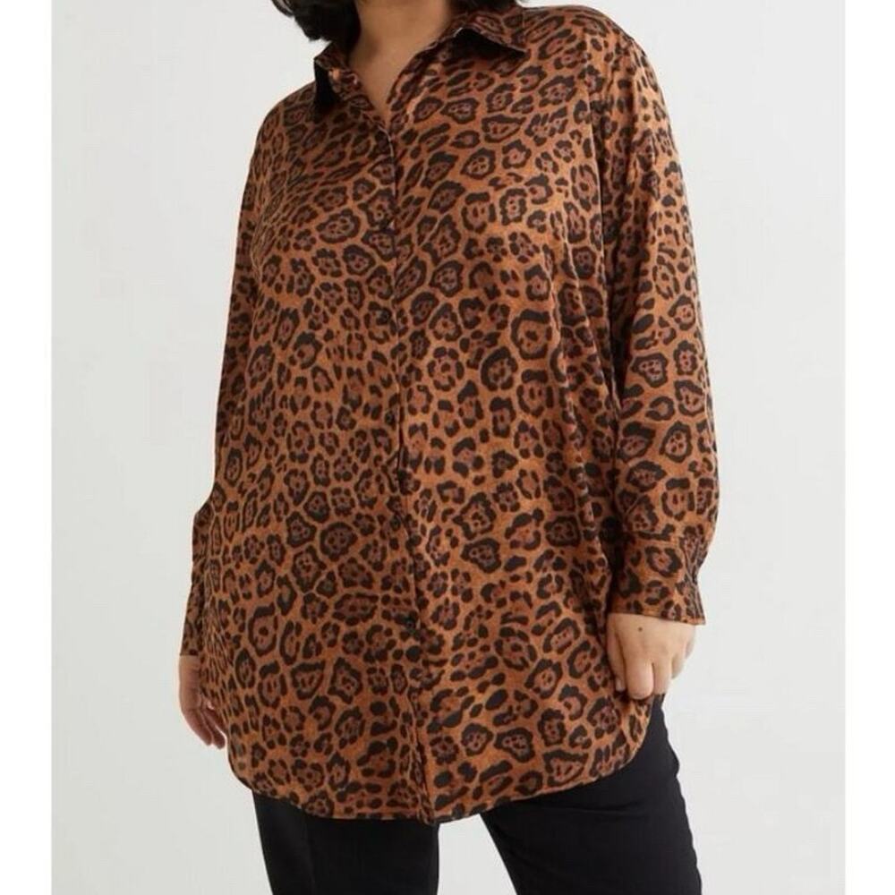 H&M Brown Leopard Print Button Up Collared Shirt XL Oversized Indie Sleaze